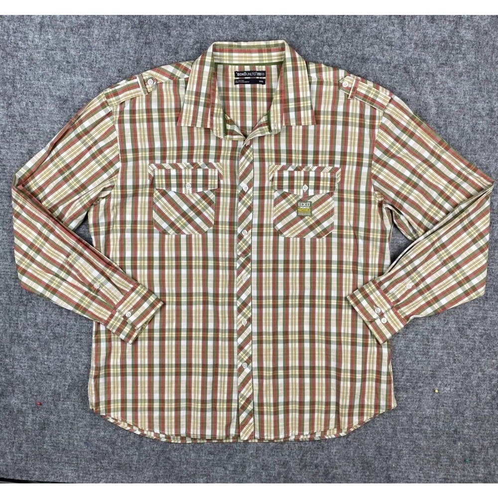 ECKO Shirt Men XXL Plaid Military Style Shoulder Straps EUC